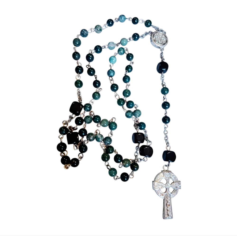 36" Silver Green & Black Beaded Rosery Prayer Beads Necklace 5" Drop